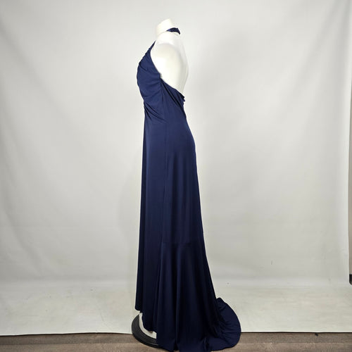 Jessica Navy Beaded Halter Evening Gown Maxi Dress Size 16