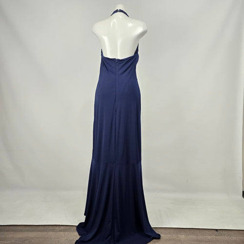 Jessica Navy Beaded Halter Evening Gown Maxi Dress Size 16