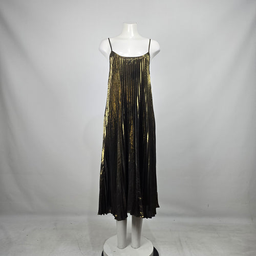 Johnny Was Gold Black Metallic Pleated Slip Midi Dress M