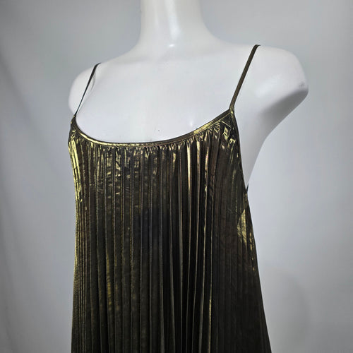 Johnny Was Gold Black Metallic Pleated Slip Midi Dress M