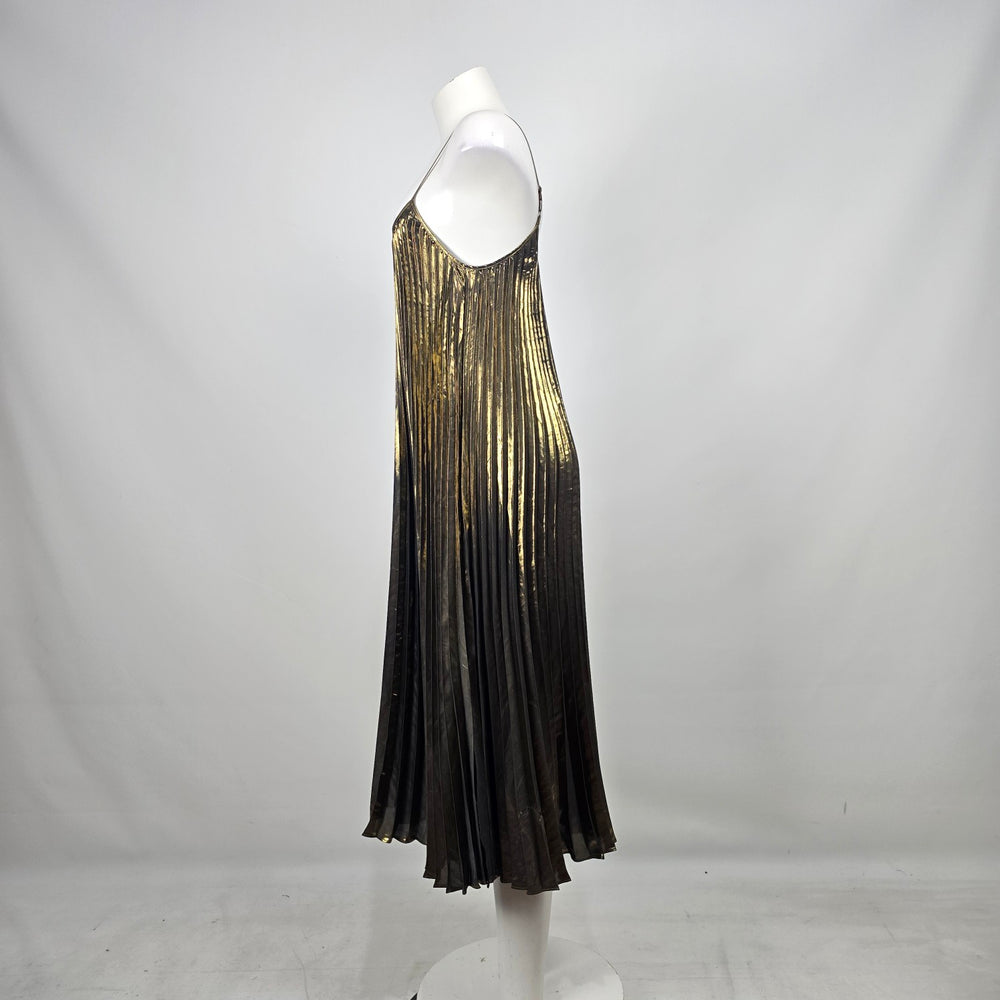 Johnny Was Gold Black Metallic Pleated Slip Midi Dress M