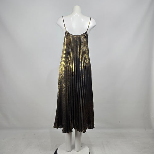 Johnny Was Gold Black Metallic Pleated Slip Midi Dress M
