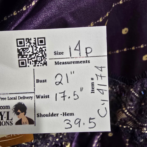 Coldwater Creek Purple & Gold Satin Print Sleeveless Empire Waist Dress Petite 14