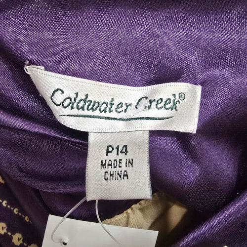 Coldwater Creek Purple & Gold Satin Print Sleeveless Empire Waist Dress Petite 14