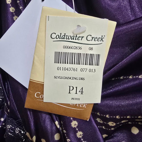 Coldwater Creek Purple & Gold Satin Print Sleeveless Empire Waist Dress Petite 14
