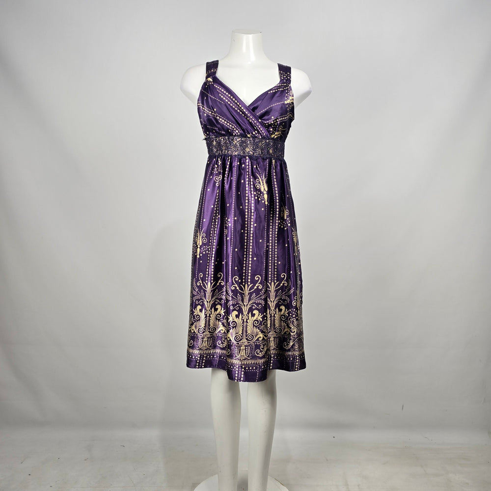 Coldwater Creek Purple & Gold Satin Print Sleeveless Empire Waist Dress Petite 14