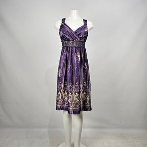 Coldwater Creek Purple & Gold Satin Print Sleeveless Empire Waist Dress Petite 14