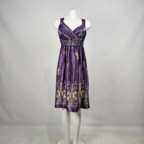 Coldwater Creek Purple & Gold Satin Print Sleeveless Empire Waist Dress Petite 14