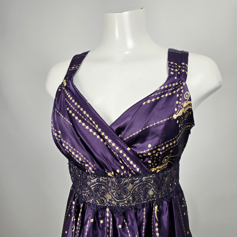 Coldwater Creek Purple & Gold Satin Print Sleeveless Empire Waist Dress Petite 14