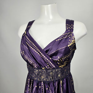 Coldwater Creek Purple & Gold Satin Print Sleeveless Empire Waist Dress Petite 14