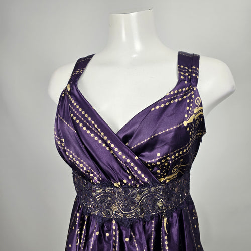 Coldwater Creek Purple & Gold Satin Print Sleeveless Empire Waist Dress Petite 14