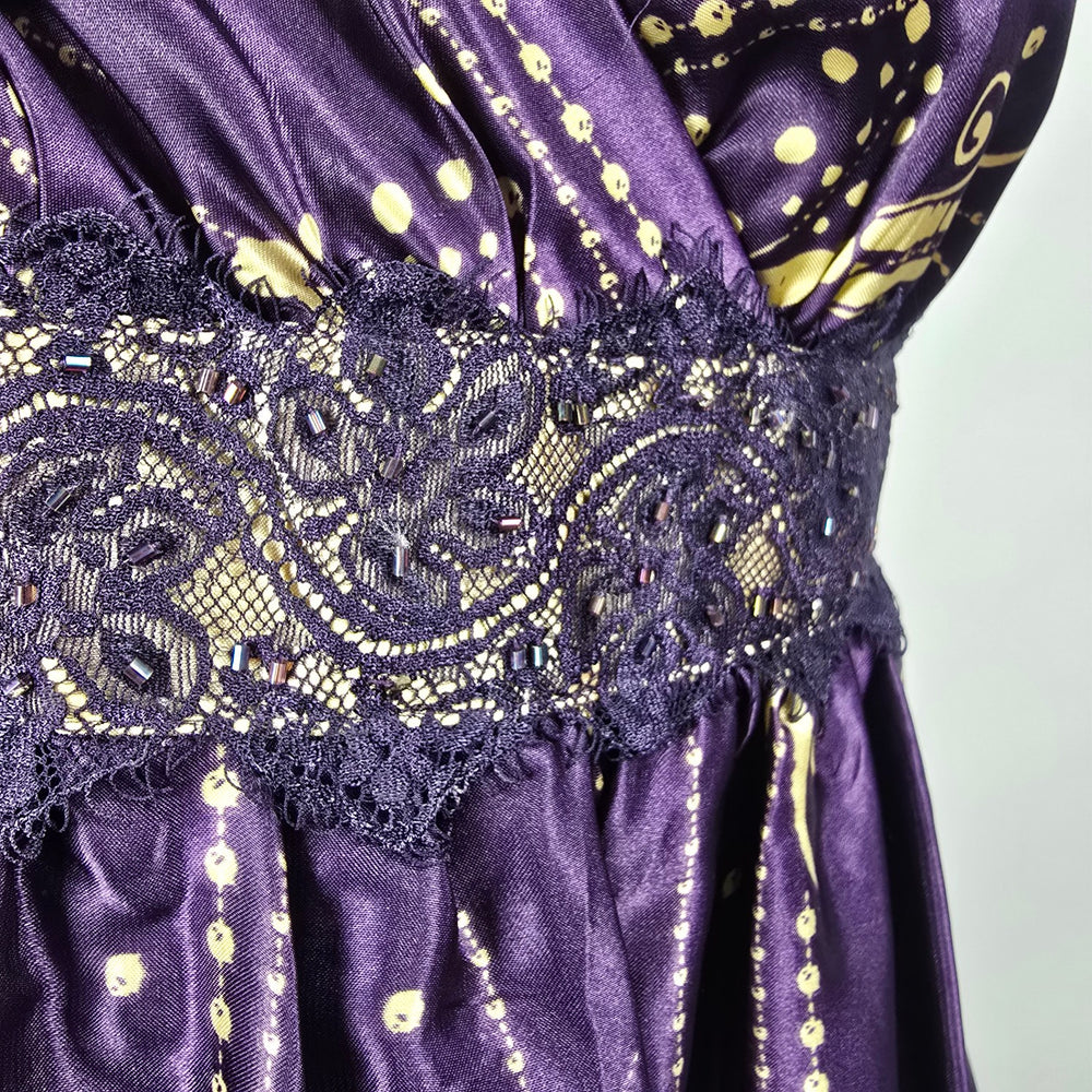 Coldwater Creek Purple & Gold Satin Print Sleeveless Empire Waist Dress Petite 14