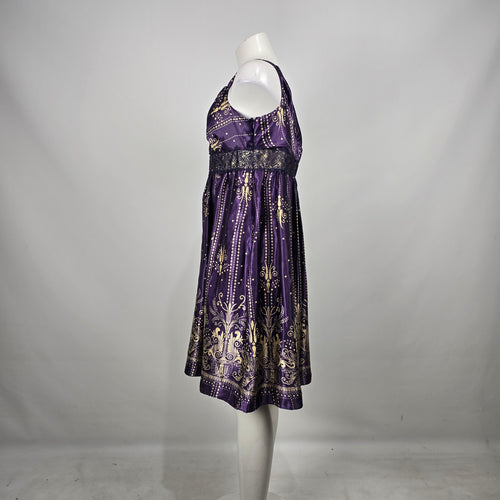 Coldwater Creek Purple & Gold Satin Print Sleeveless Empire Waist Dress Petite 14