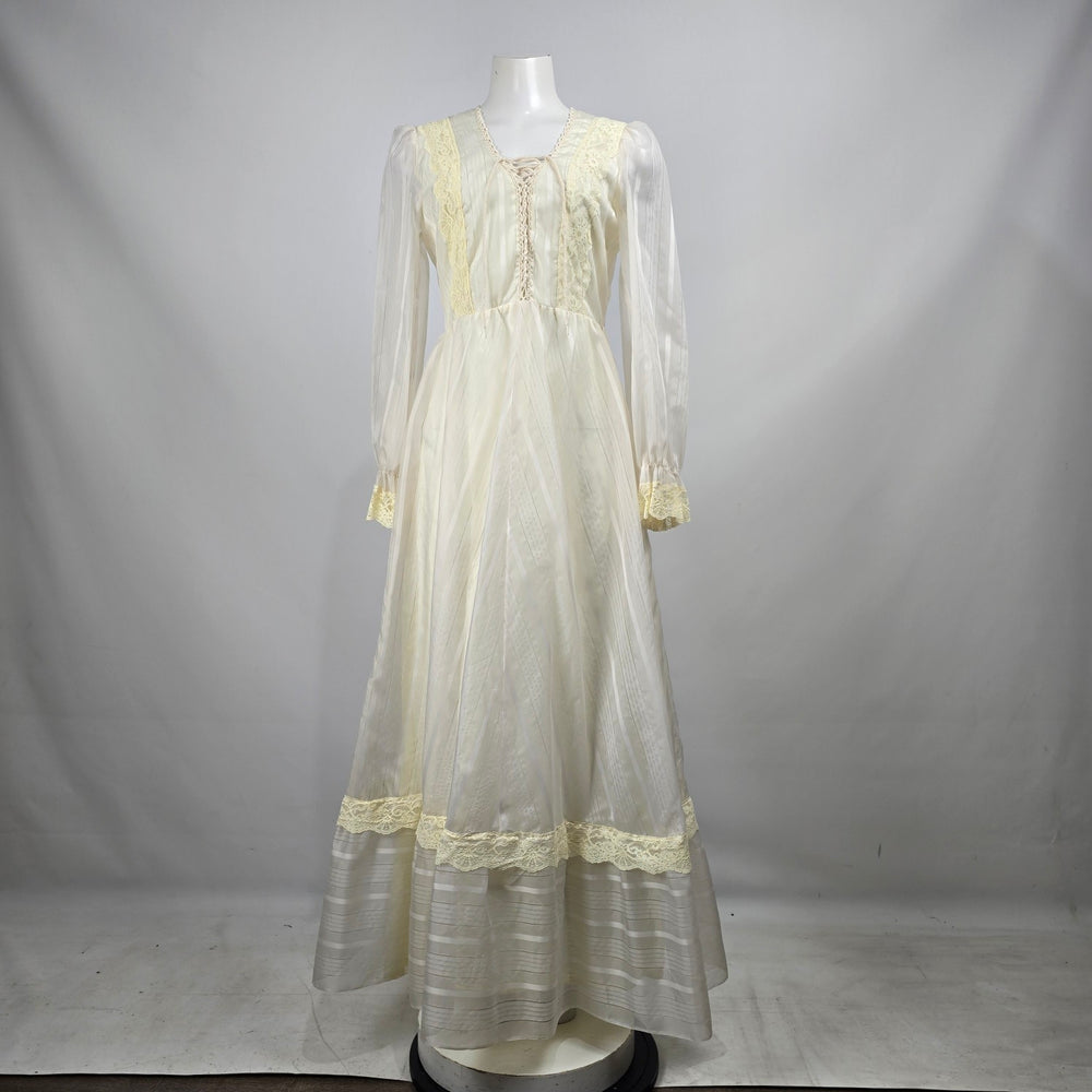 Vintage 70s Prairie Wedding Dress Size S Ivory Lace Corset Front Bishop Sleeve Cottagecore Boho
