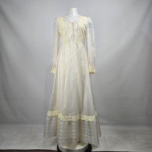 Vintage 70s Prairie Wedding Dress Size S Ivory Lace Corset Front Bishop Sleeve Cottagecore Boho