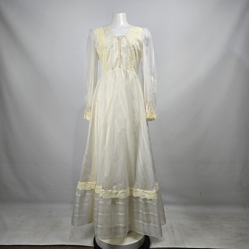 Vintage 70s Prairie Wedding Dress Size S Ivory Lace Corset Front Bishop Sleeve Cottagecore Boho