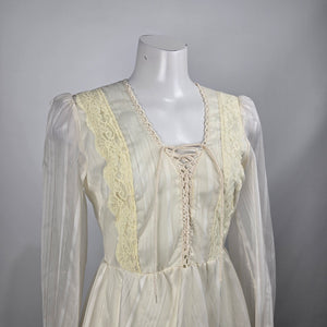 Vintage 70s Prairie Wedding Dress Size S Ivory Lace Corset Front Bishop Sleeve Cottagecore Boho