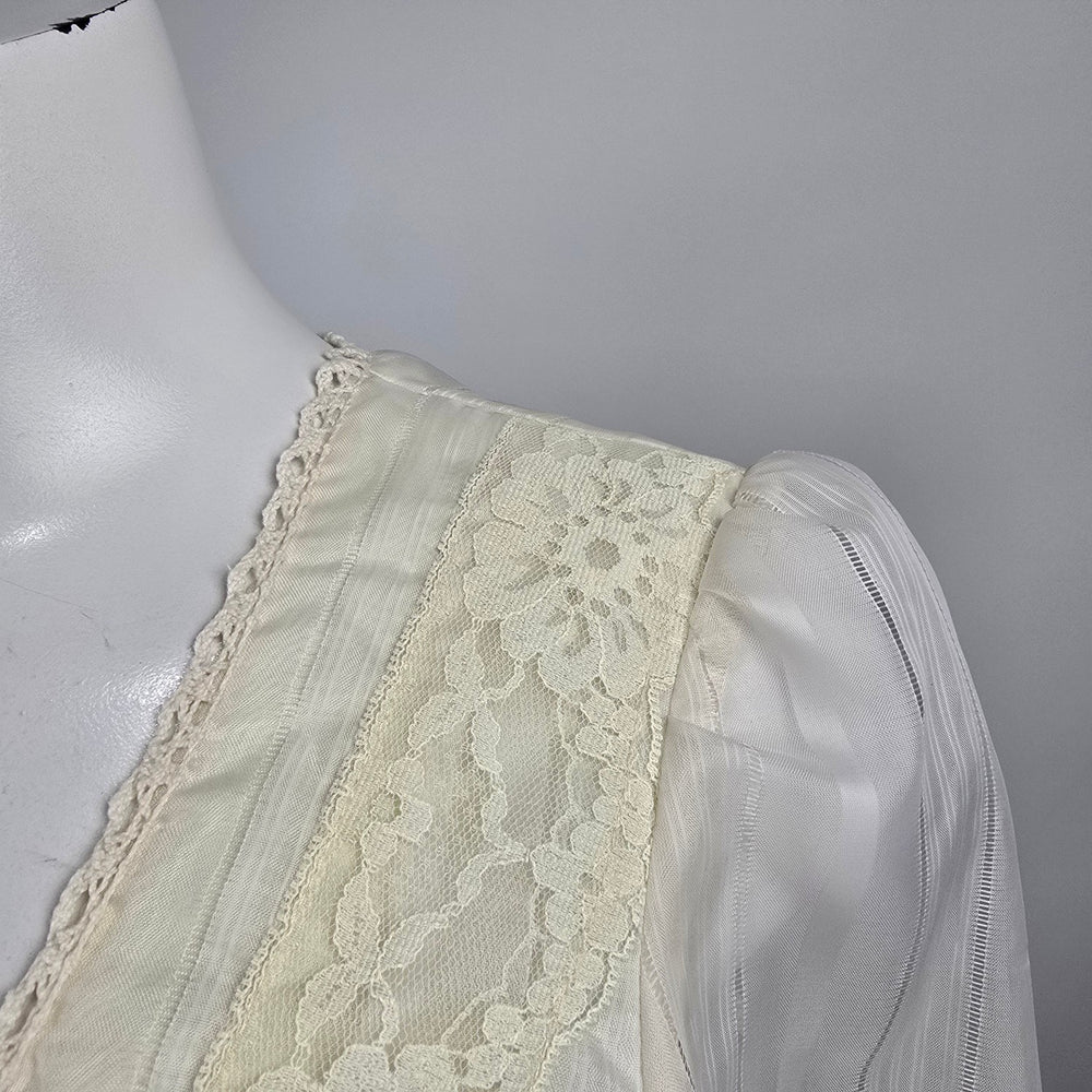 Vintage 70s Prairie Wedding Dress Size S Ivory Lace Corset Front Bishop Sleeve Cottagecore Boho