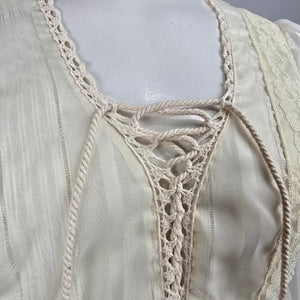 Vintage 70s Prairie Wedding Dress Size S Ivory Lace Corset Front Bishop Sleeve Cottagecore Boho