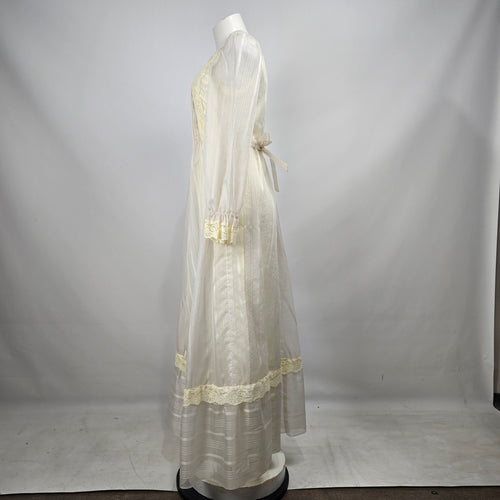 Vintage 70s Prairie Wedding Dress Size S Ivory Lace Corset Front Bishop Sleeve Cottagecore Boho