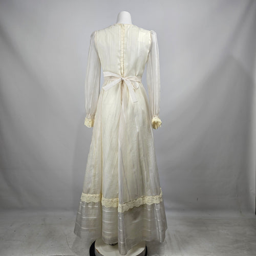 Vintage 70s Prairie Wedding Dress Size S Ivory Lace Corset Front Bishop Sleeve Cottagecore Boho