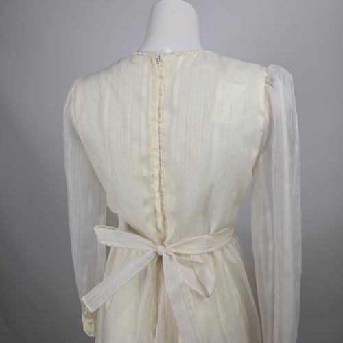Vintage 70s Prairie Wedding Dress Size S Ivory Lace Corset Front Bishop Sleeve Cottagecore Boho