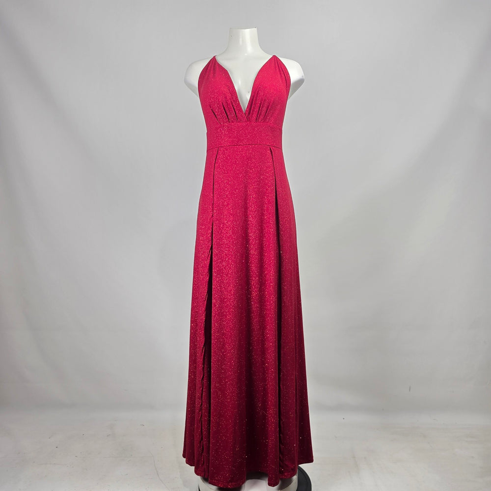 Eciipse Red Glitter Halter Maxi Dress V Neck High Slit Formal Evening Gown Size L Size