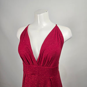Eciipse Red Glitter Halter Maxi Dress V Neck High Slit Formal Evening Gown Size L Size