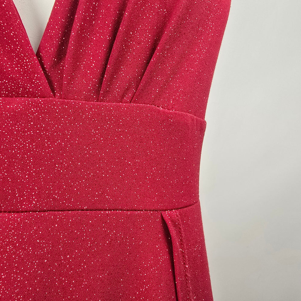 Eciipse Red Glitter Halter Maxi Dress V Neck High Slit Formal Evening Gown Size L Size