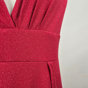 Eciipse Red Glitter Halter Maxi Dress V Neck High Slit Formal Evening Gown Size L Size