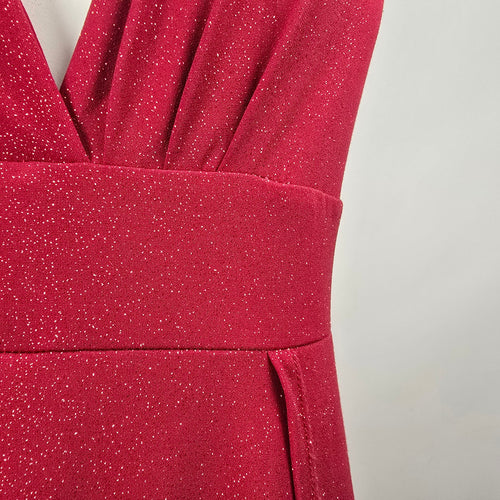 Eciipse Red Glitter Halter Maxi Dress V Neck High Slit Formal Evening Gown Size L Size