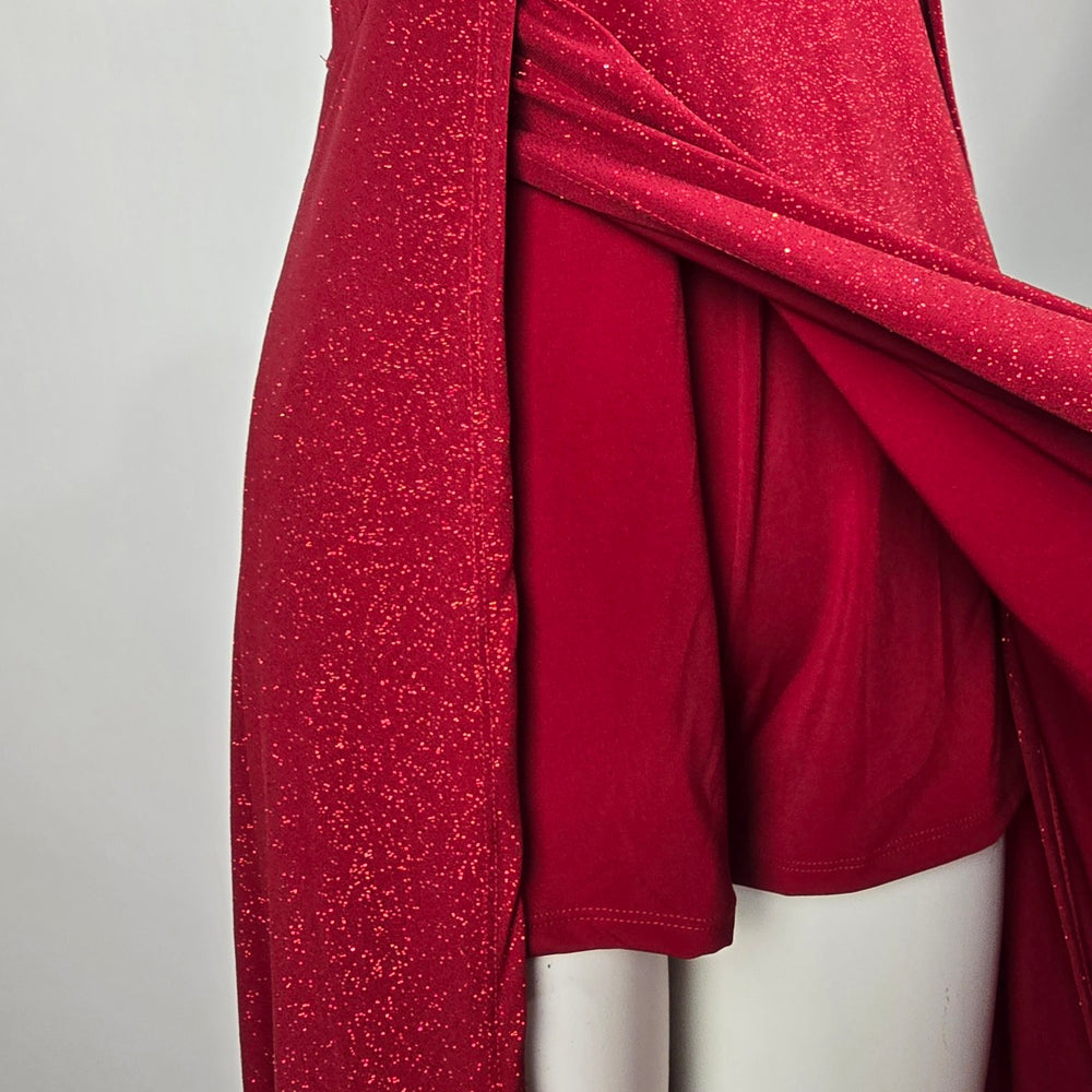 Eciipse Red Glitter Halter Maxi Dress V Neck High Slit Formal Evening Gown Size L Size