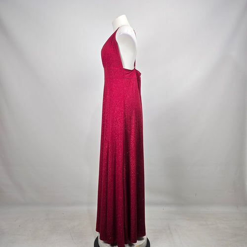 Eciipse Red Glitter Halter Maxi Dress V Neck High Slit Formal Evening Gown Size L Size