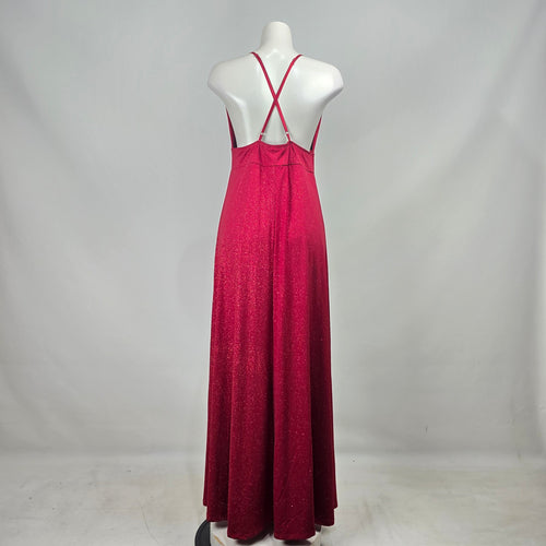 Eciipse Red Glitter Halter Maxi Dress V Neck High Slit Formal Evening Gown Size L Size