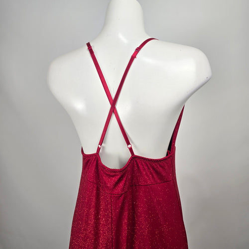 Eciipse Red Glitter Halter Maxi Dress V Neck High Slit Formal Evening Gown Size L Size