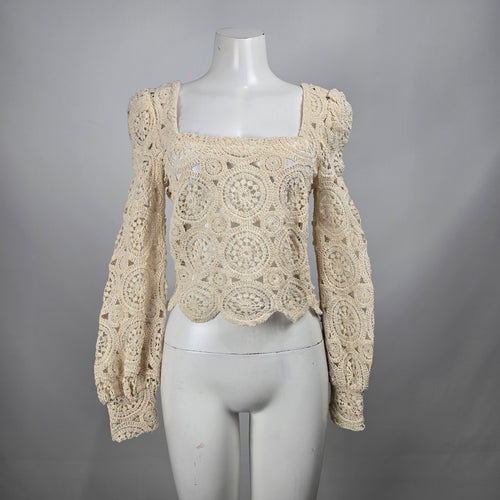 Idem Ditto Women's Cream Cotton Crochet Square Neck Balloon Sleeve Top M