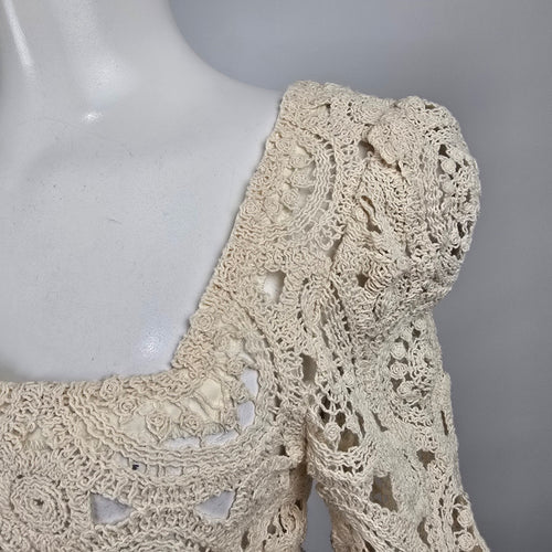Idem Ditto Women's Cream Cotton Crochet Square Neck Balloon Sleeve Top M