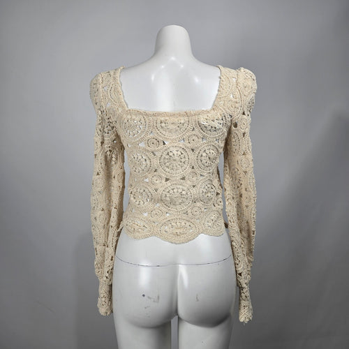 Idem Ditto Women's Cream Cotton Crochet Square Neck Balloon Sleeve Top M