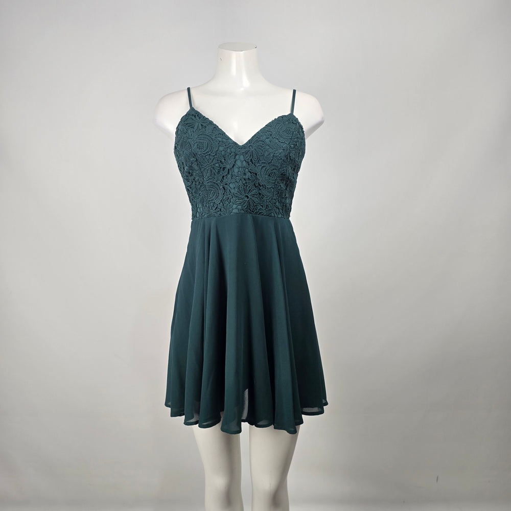 Lulus Hunter Green Lace Fit and Flare Mini Dress Size S Sleeveless Chiffon Skater