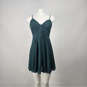 Lulus Hunter Green Lace Fit and Flare Mini Dress Size S Sleeveless Chiffon Skater