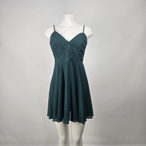 Lulus Hunter Green Lace Fit and Flare Mini Dress Size S Sleeveless Chiffon Skater