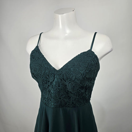 Lulus Hunter Green Lace Fit and Flare Mini Dress Size S Sleeveless Chiffon Skater