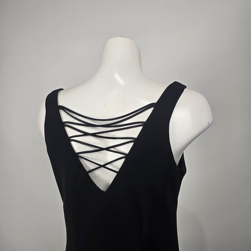 Evan-Picone Black Sleeveless V-Neck Midi Dress Size 12 Criss Cross Back