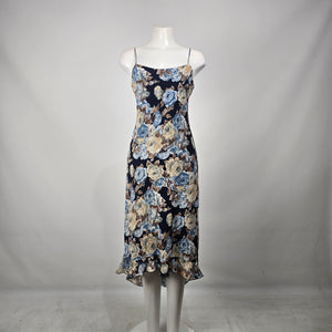 Vintage Jessica Blue Floral Slip Midi Dress Size 8 Ruffle Hem