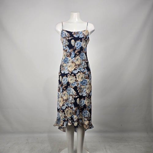 Vintage Jessica Blue Floral Slip Midi Dress Size 8 Ruffle Hem