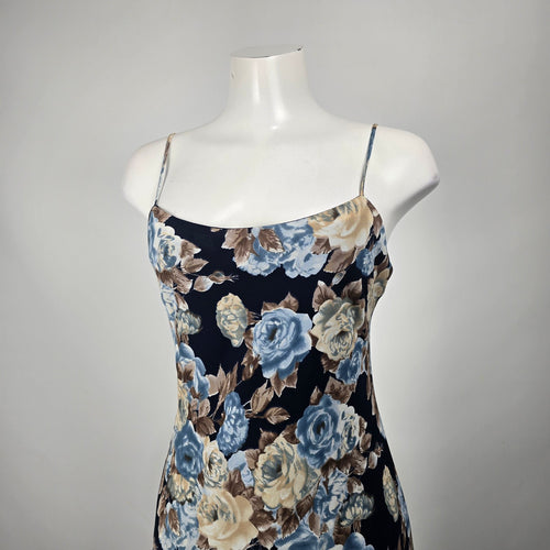 Vintage Jessica Blue Floral Slip Midi Dress Size 8 Ruffle Hem
