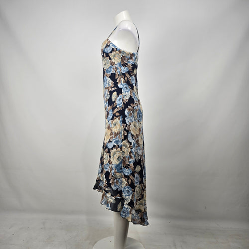 Vintage Jessica Blue Floral Slip Midi Dress Size 8 Ruffle Hem