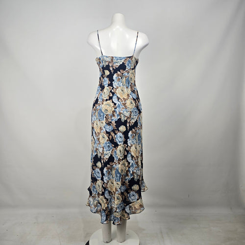 Vintage Jessica Blue Floral Slip Midi Dress Size 8 Ruffle Hem