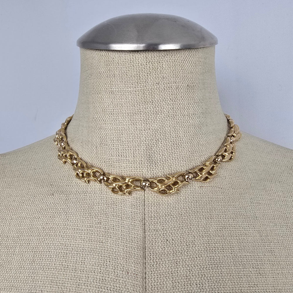 Vintage Trifari Gold Tone Link Choker Collar Necklace Signed Ornate Chain