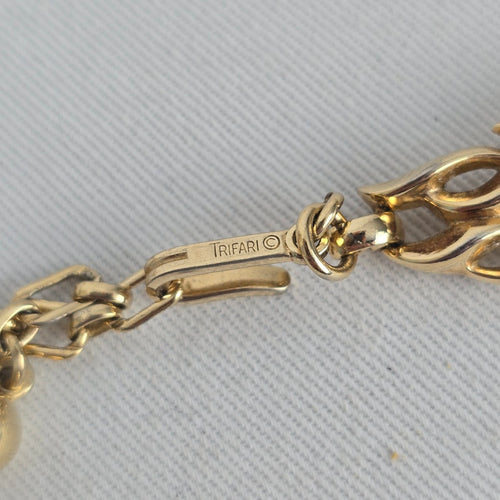Vintage Trifari Gold Tone Link Choker Collar Necklace Signed Ornate Chain